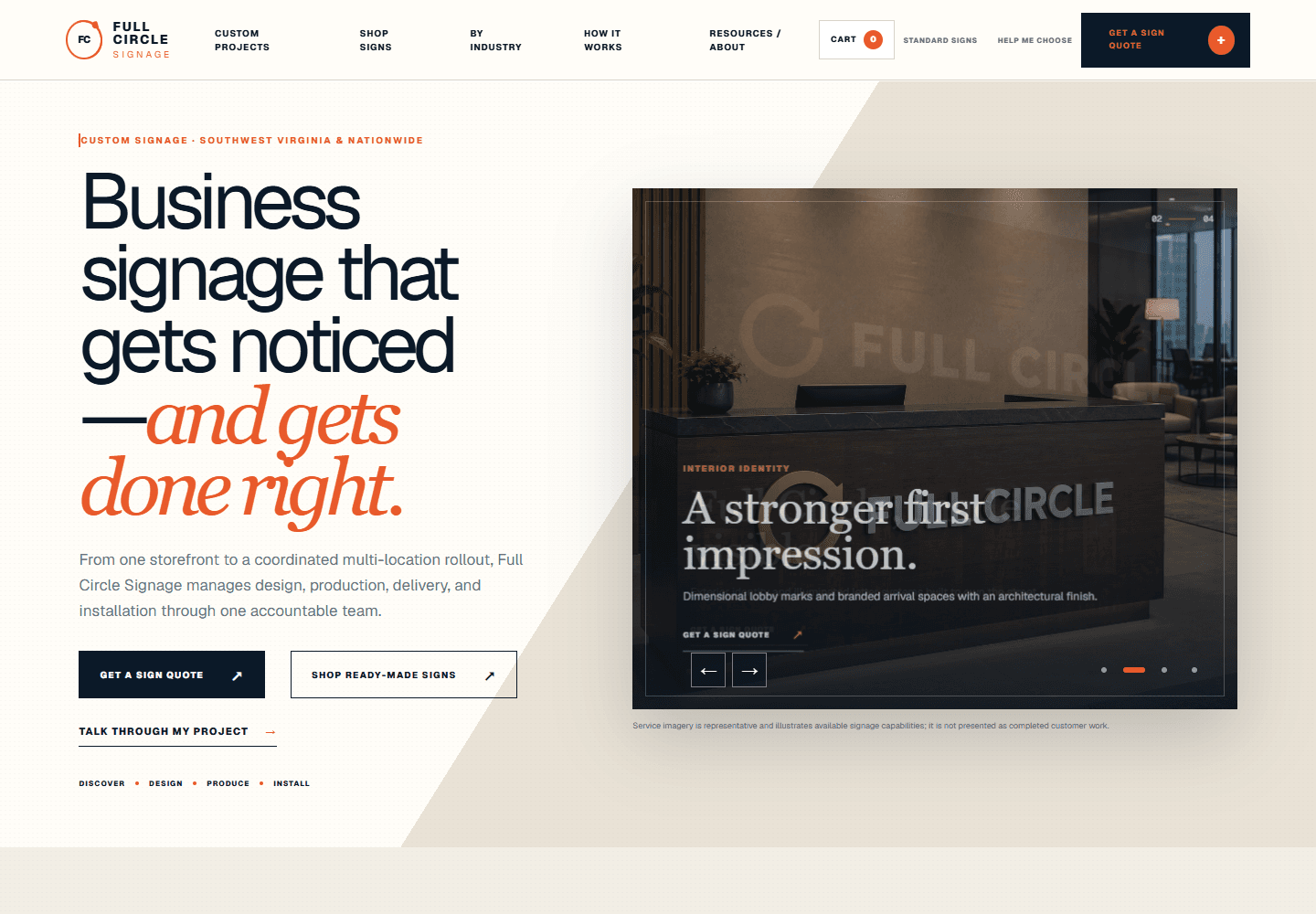 Published Full Circle Signage homepage with custom-project, ready-made sign, and quote pathways