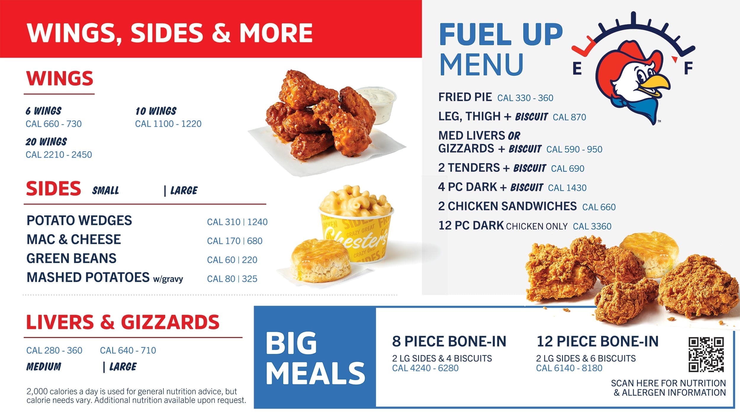 Chester’s Chicken wings, sides, livers, gizzards, fuel-up menu, and big meals panel