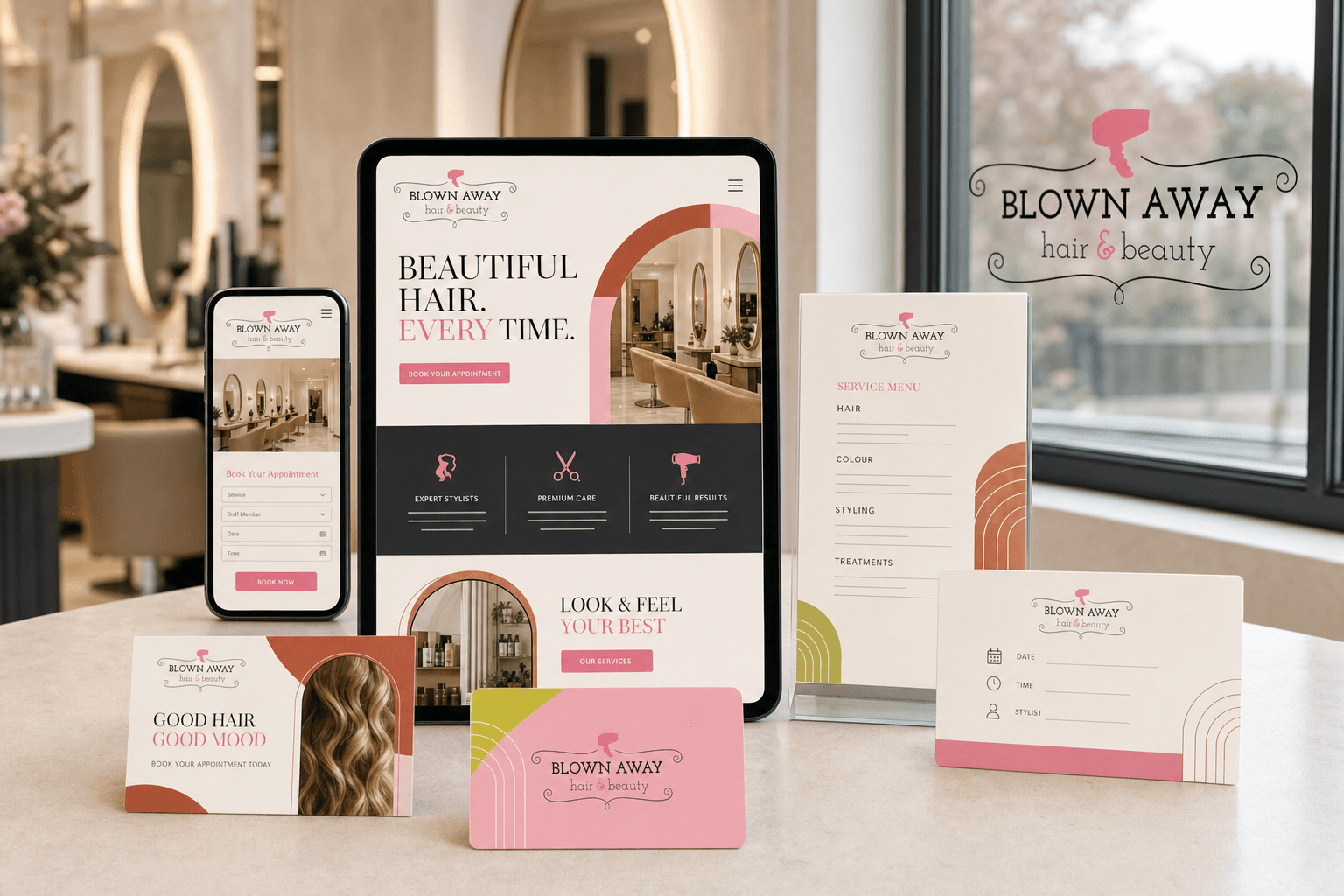 Visual presentation for the Blown Away Hair Salon website concept