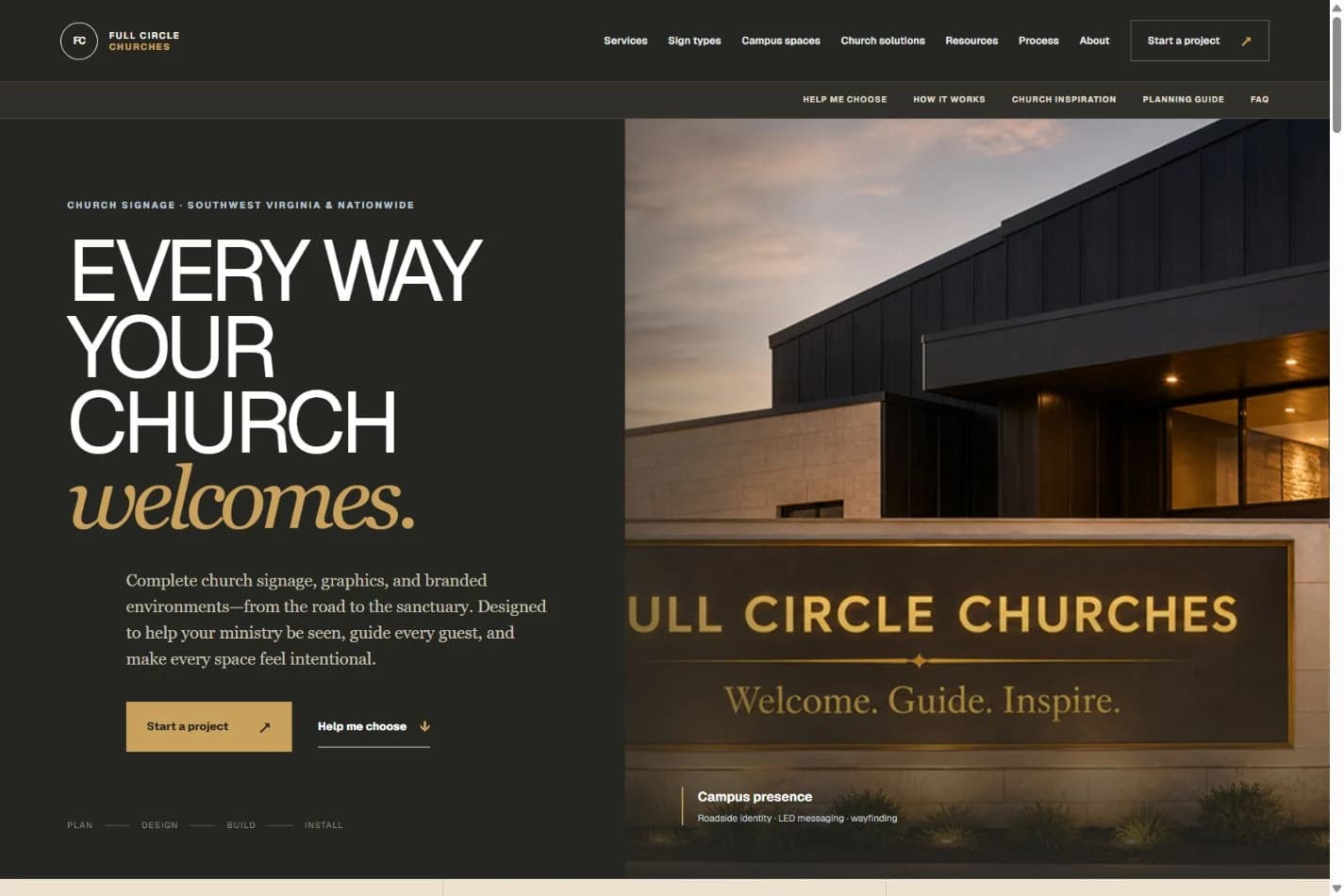 Full Circle Churches homepage showing church signage, graphics, and campus wayfinding services
