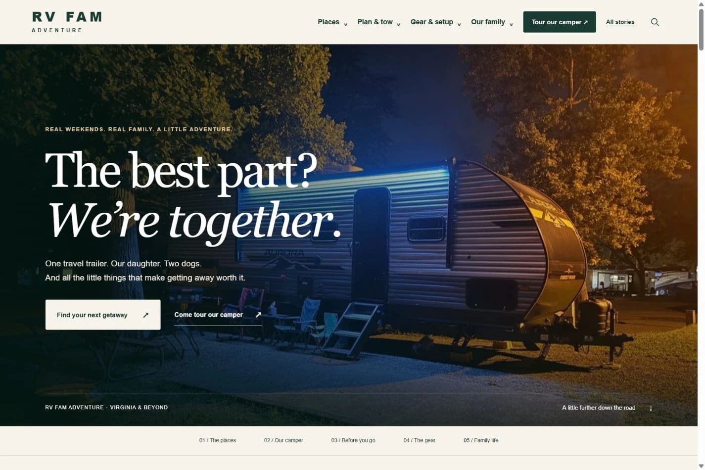RV Family Adventure homepage with family RV travel stories and planning navigation