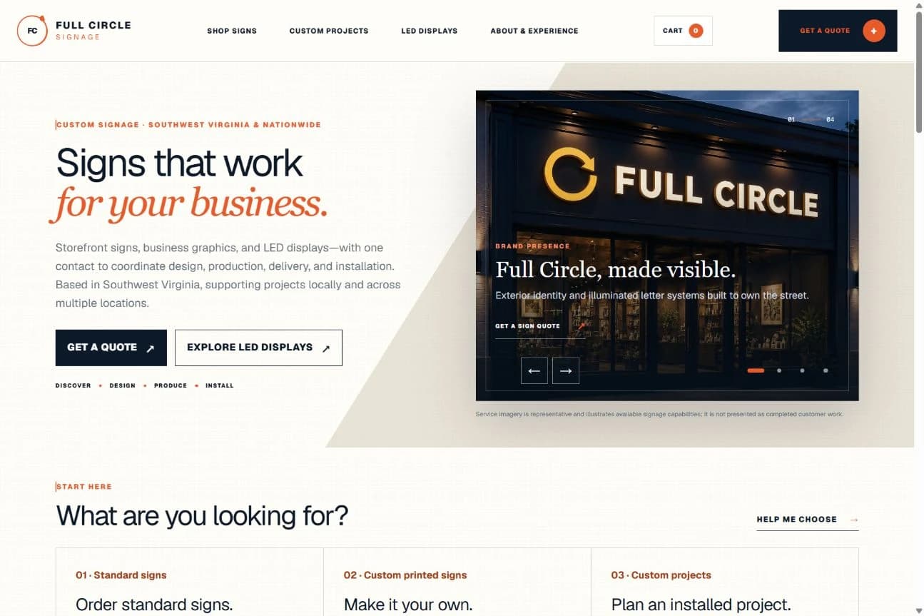 Published Full Circle Signage homepage with custom-project, ready-made sign, and quote pathways