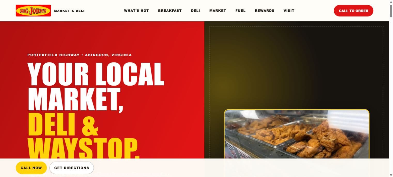 The published Big John’s homepage with customer navigation, call-to-order action, and hot-food presentation