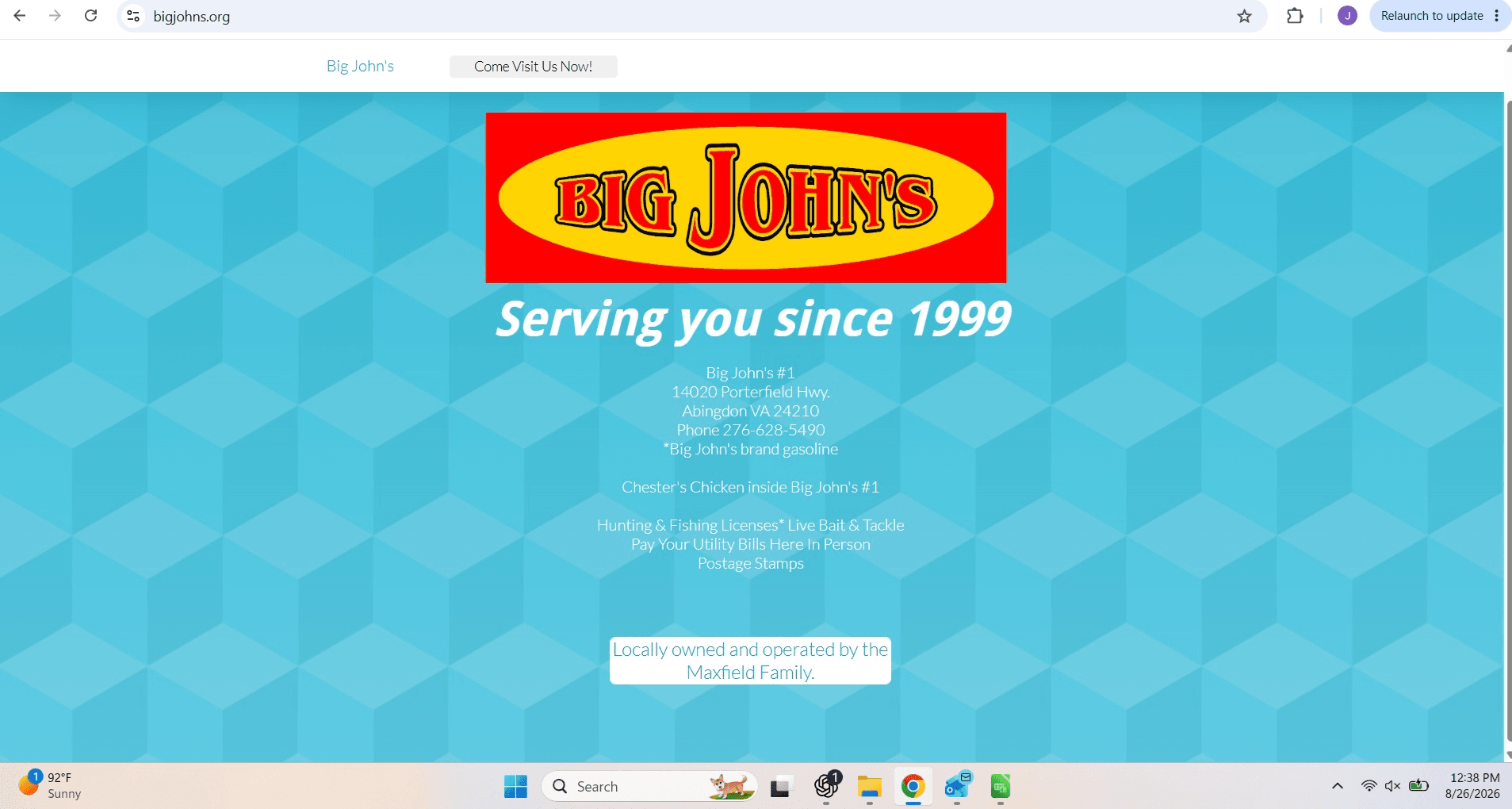 The previous Big John’s one-page website with a blue geometric background and centered store information