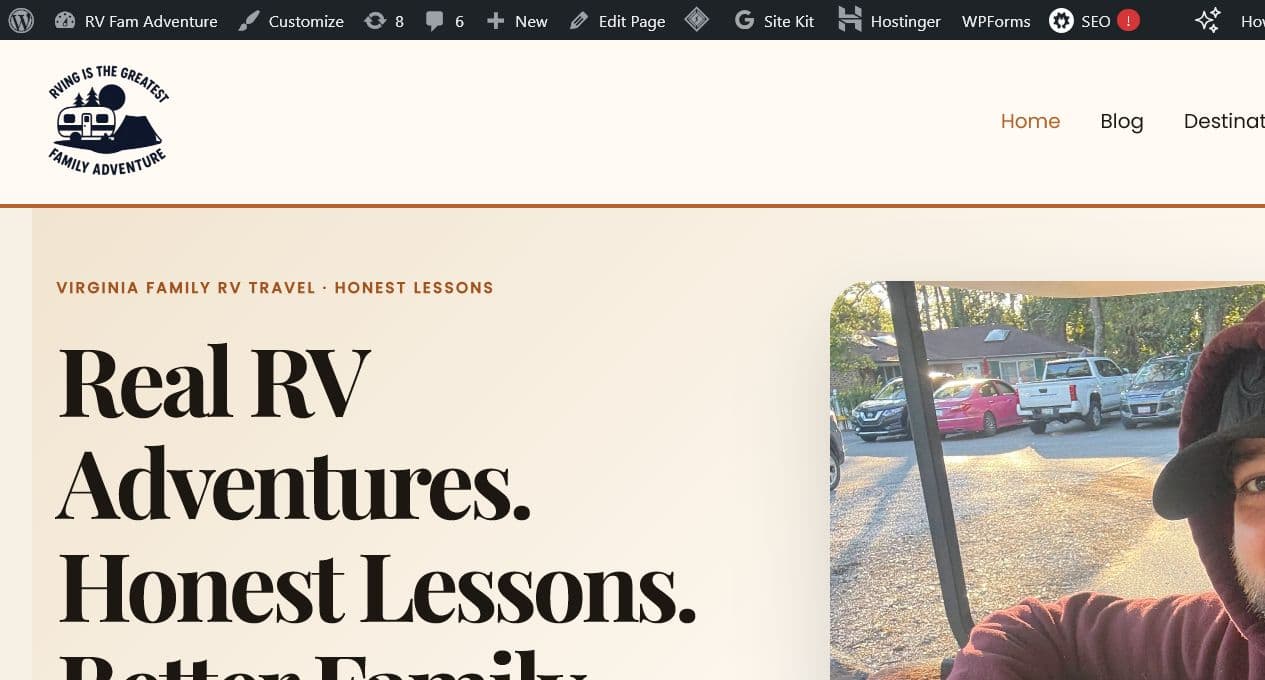 RV Family Adventure website shown as a completed responsive content platform