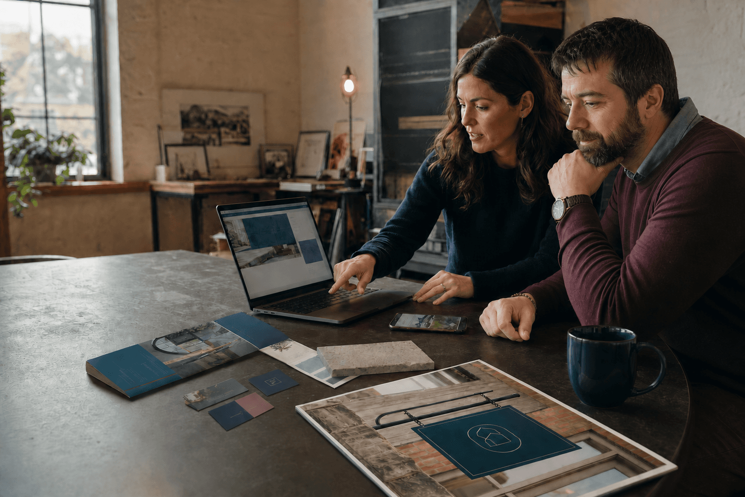 A small-business owner and creative strategist reviewing a website with coordinated print and signage materials