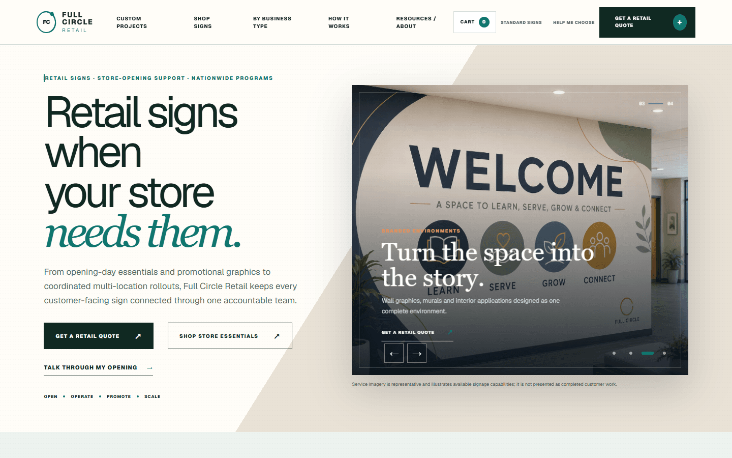 Full Circle Retail homepage with retail signage pathways, custom project navigation, and store-opening calls to action