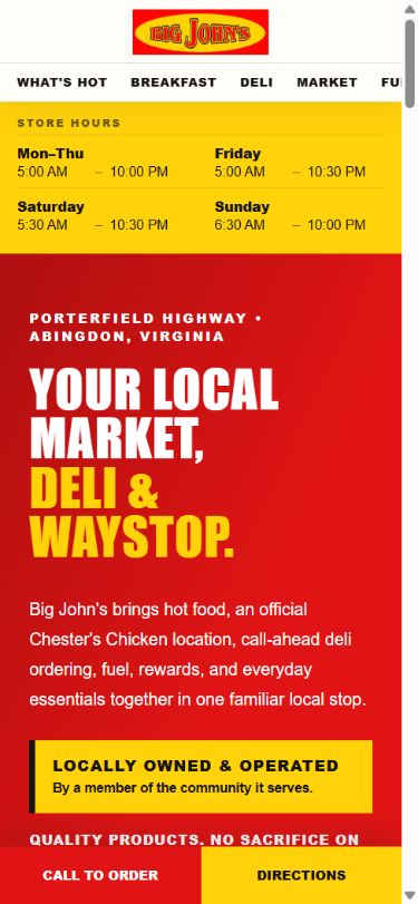 Actual mobile Big John’s website with store hours, introduction, call-to-order and directions
