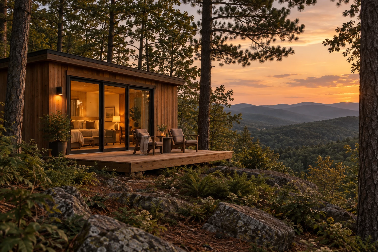 Generated inspiration: a compact two-person cedar cabin among rounded Appalachian hills