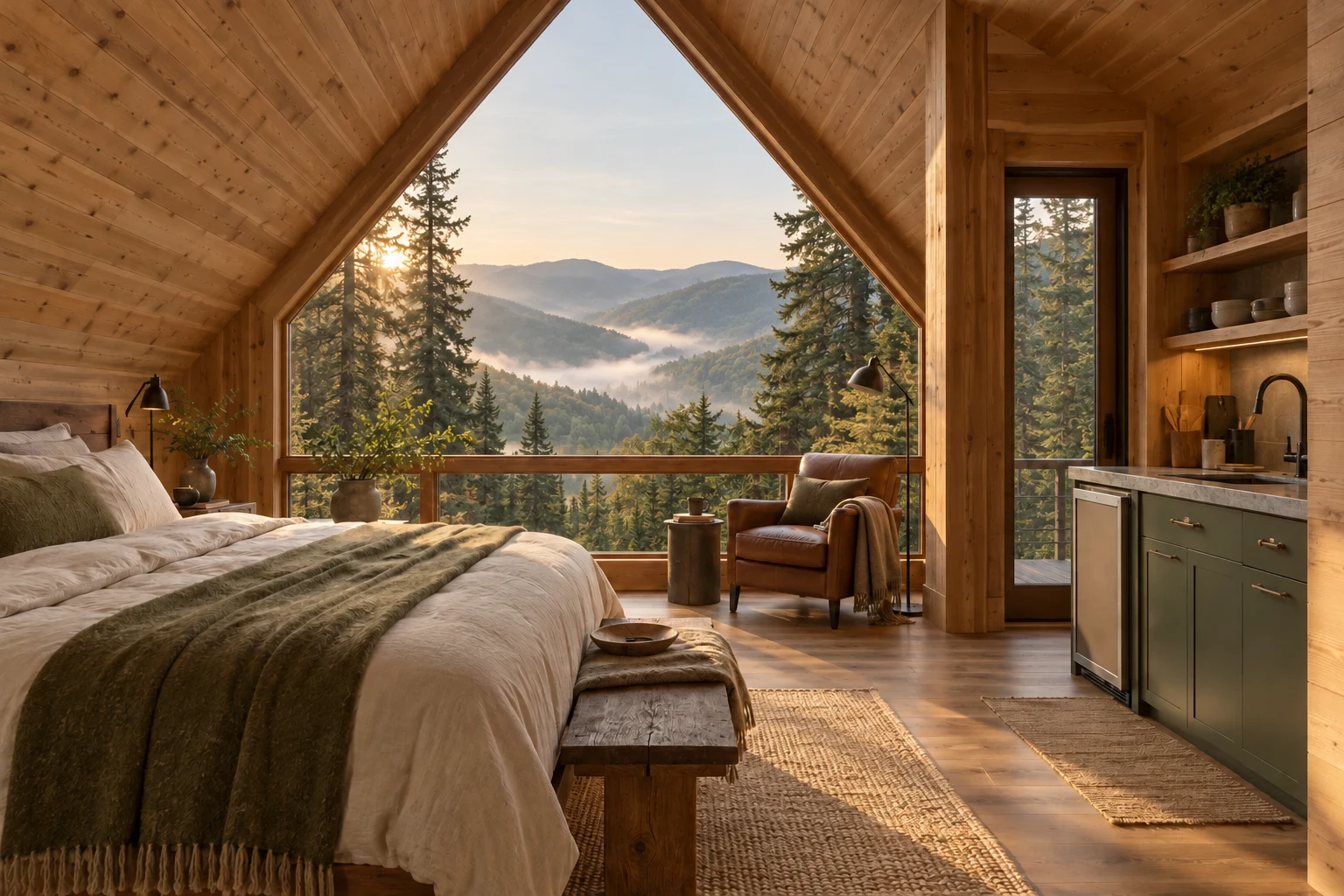 Generated inspiration: a warm cedar cabin interior with linen bedding and forest views