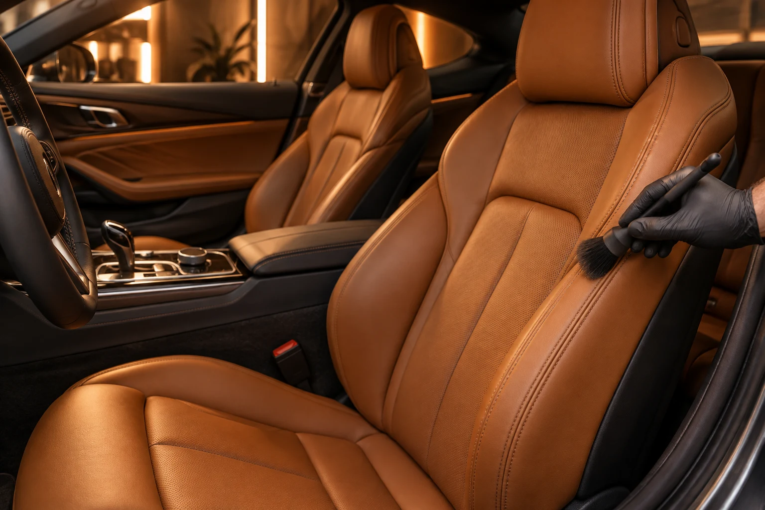 Generated inspiration: detailed cognac leather cabin cleaning in a sports coupe