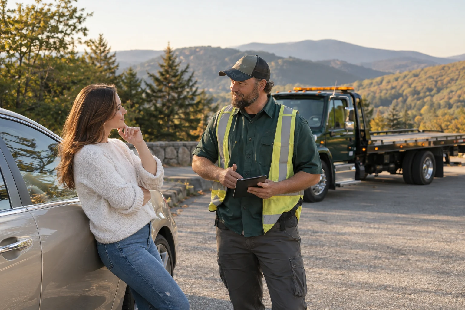 AI-generated campaign scene of a roadside technician attentively listening to a driver