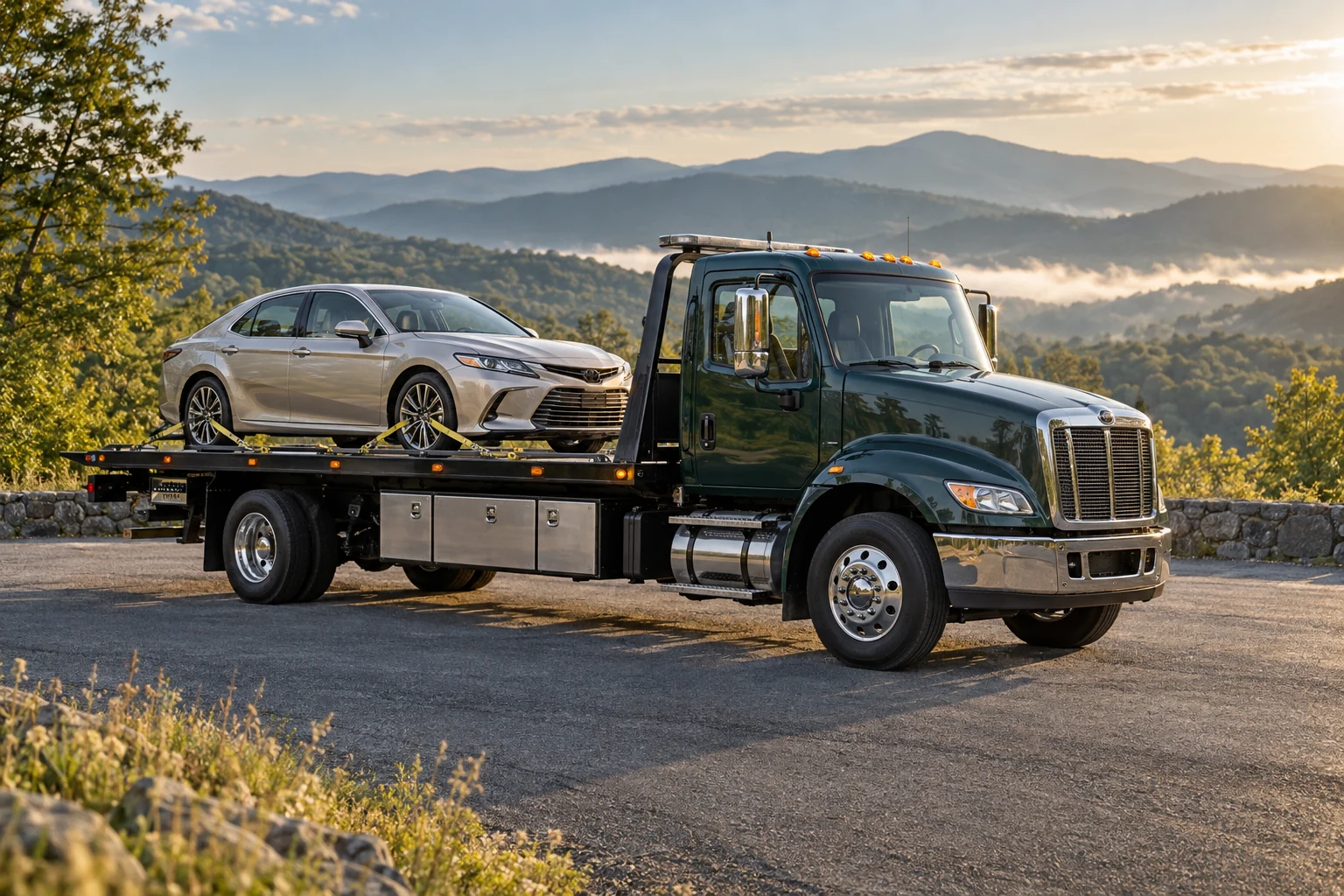 AI-generated campaign image of an evergreen flatbed carrying a champagne sedan in the Blue Ridge mountains